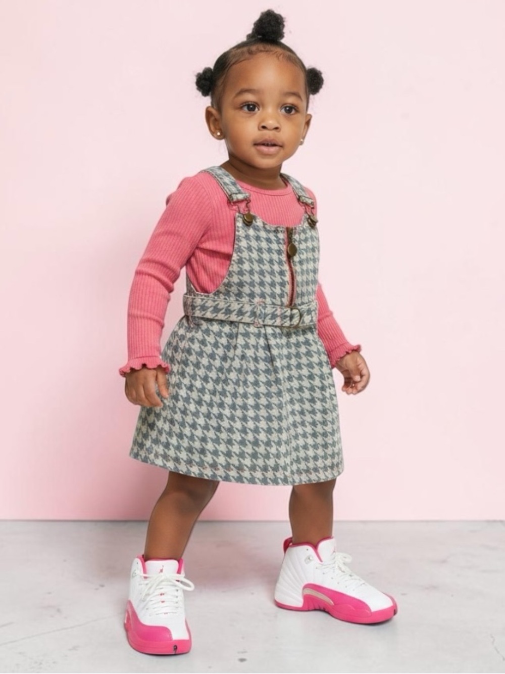 Little Lass Pink Ribbed Top with Blue Houndstooth Overall Dress